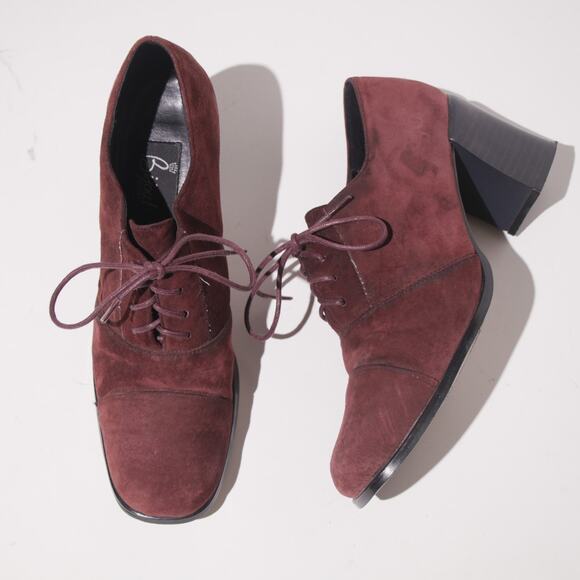 Vintage 90s Wine Suede Leather Lace Up Heel  OXFORDS - Picture 1 of 8